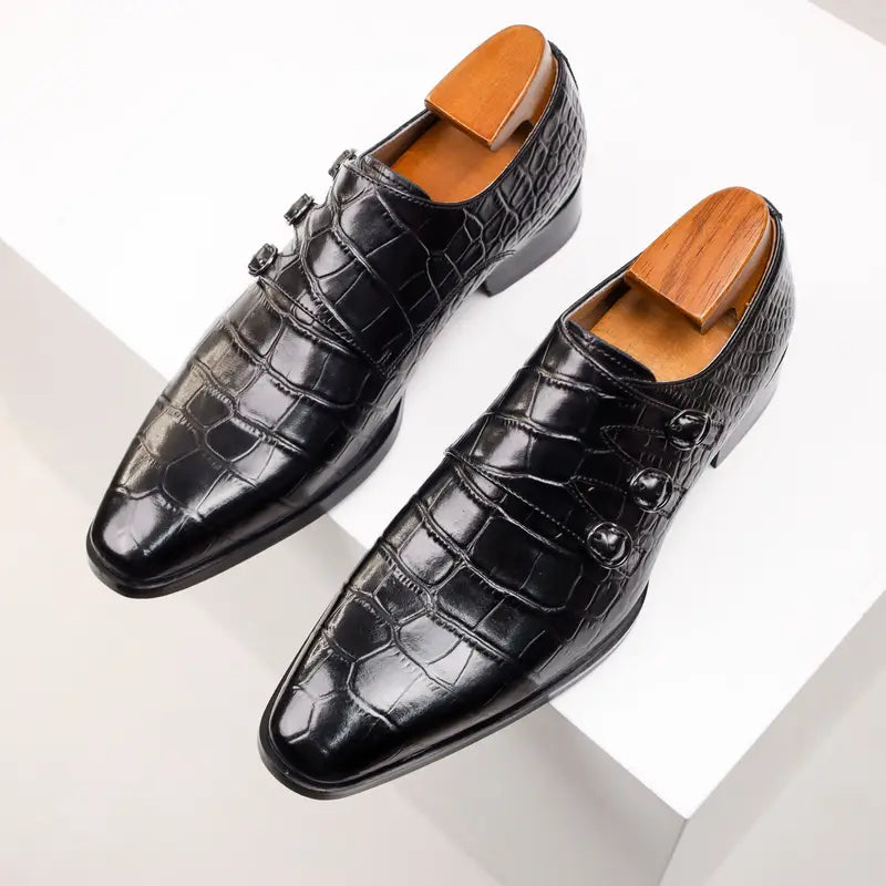 Herren Krokodil-Präge-Leder Slipper – Stylische Doppelmonk-Schnalle