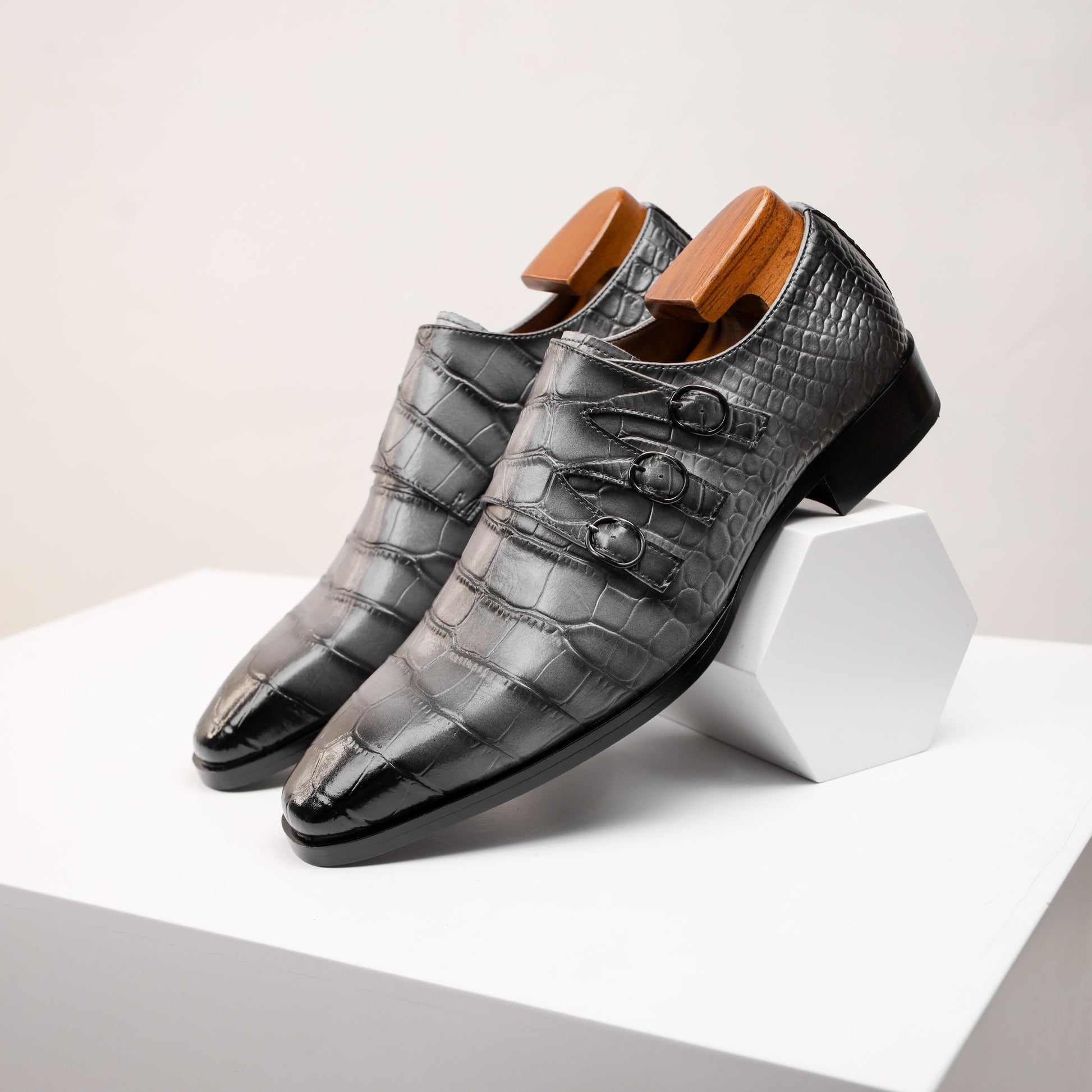 Herren Krokodil-Präge-Leder Slipper – Stylische Doppelmonk-Schnalle