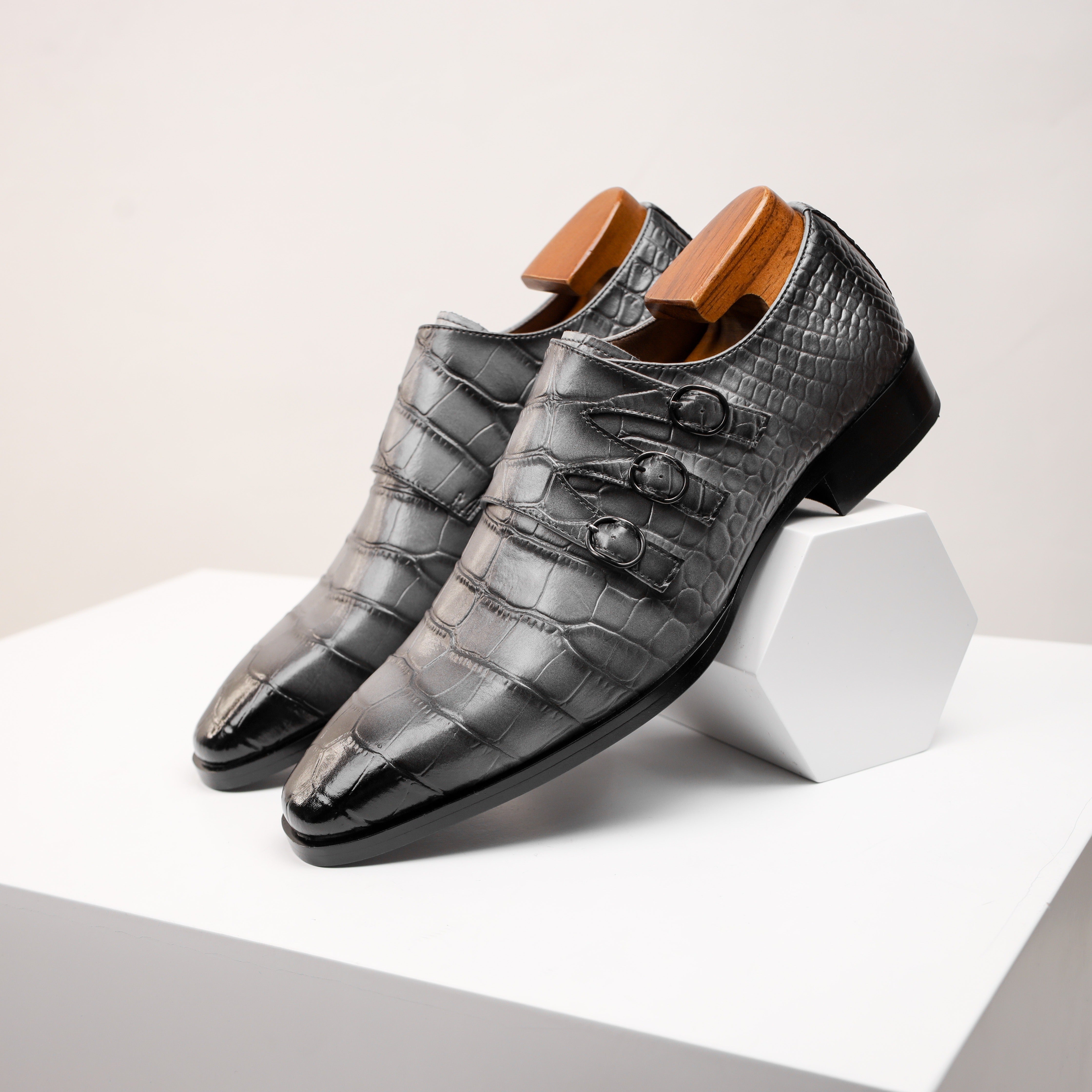 Herren Krokodil-Präge-Leder Slipper – Stylische Doppelmonk-Schnalle