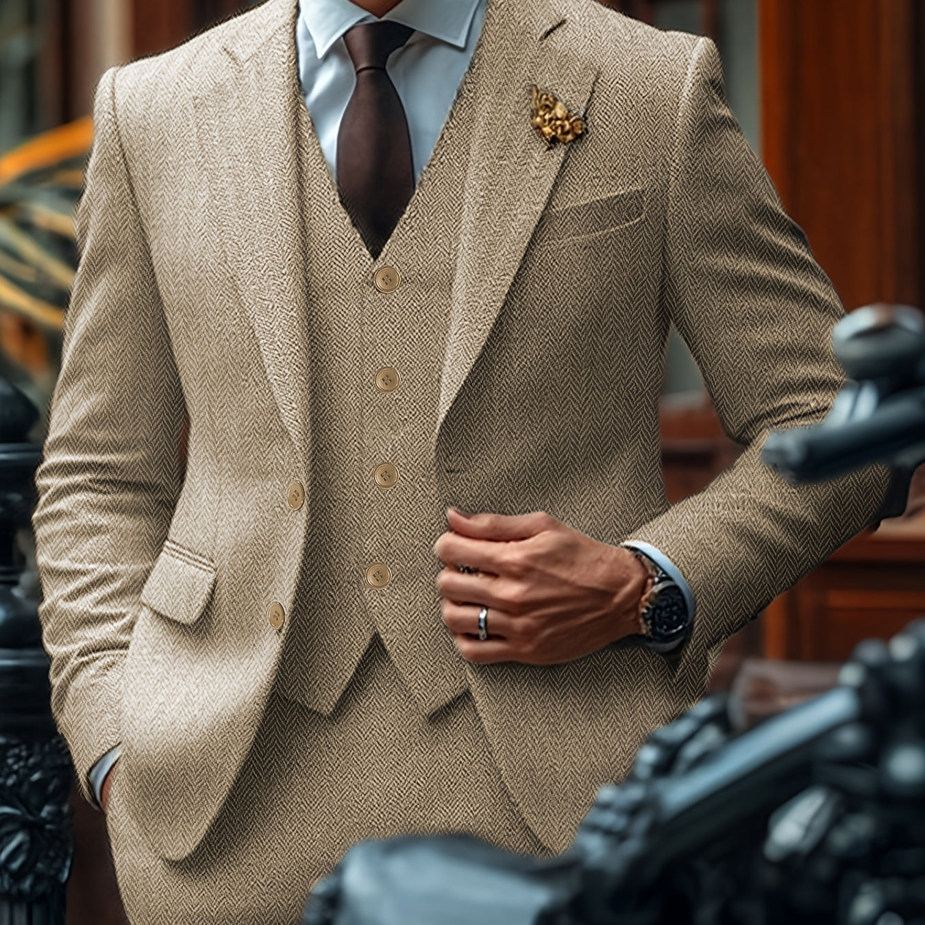 Herren Herringbone Anzug – Elegantes Drei-Teile-Set