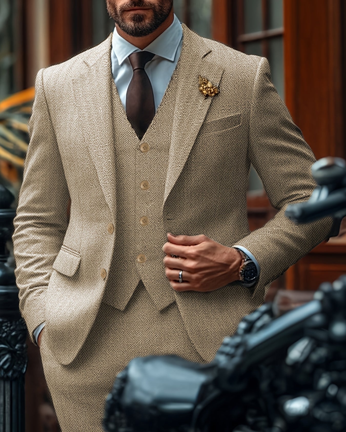 Herren Herringbone Anzug – Elegantes Drei-Teile-Set