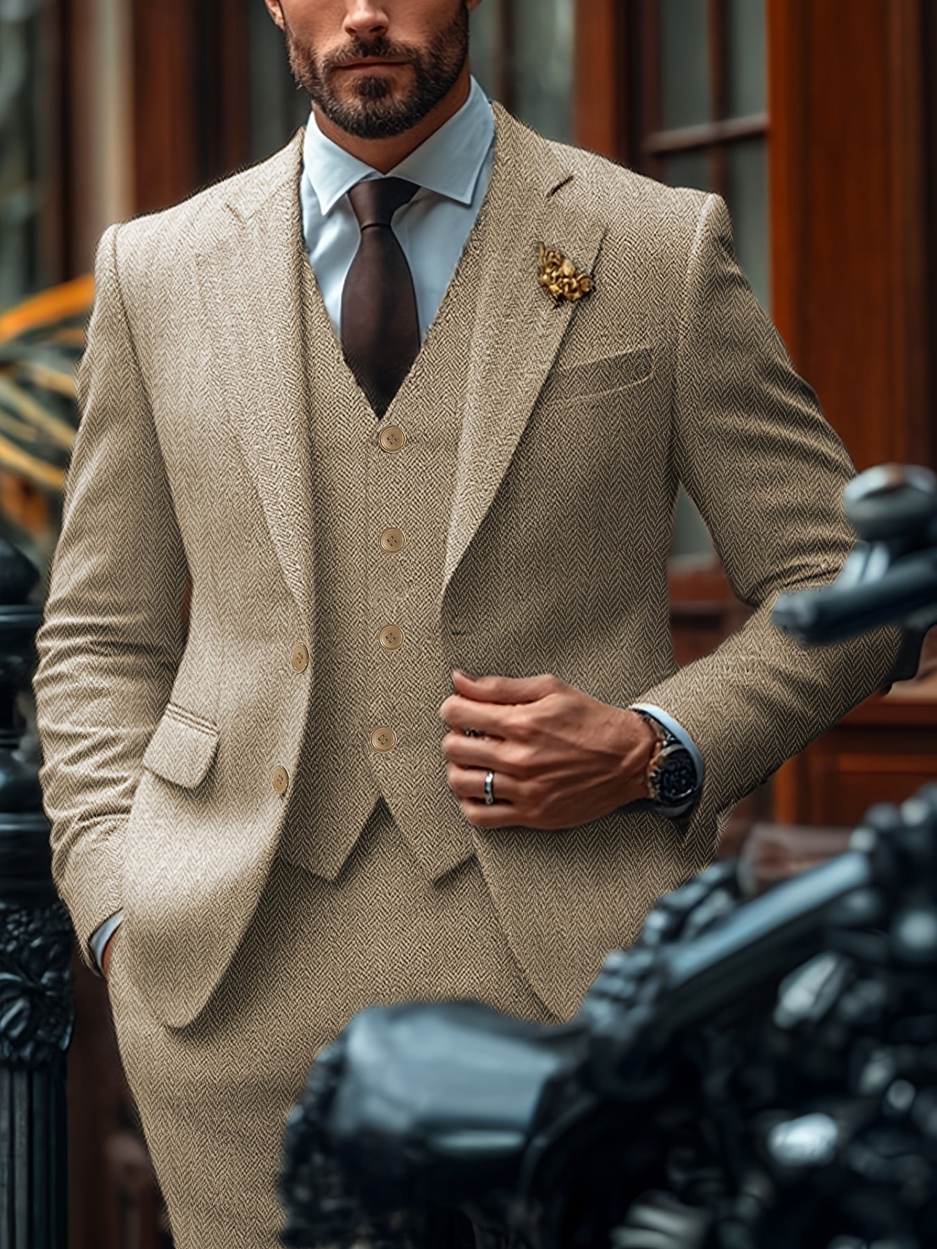 Herren Herringbone Anzug – Elegantes Drei-Teile-Set