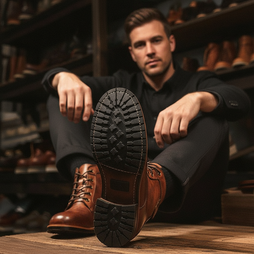 Herren Schwarze Leder Schnürboots – Langlebige und Stilvolle Schuhe
