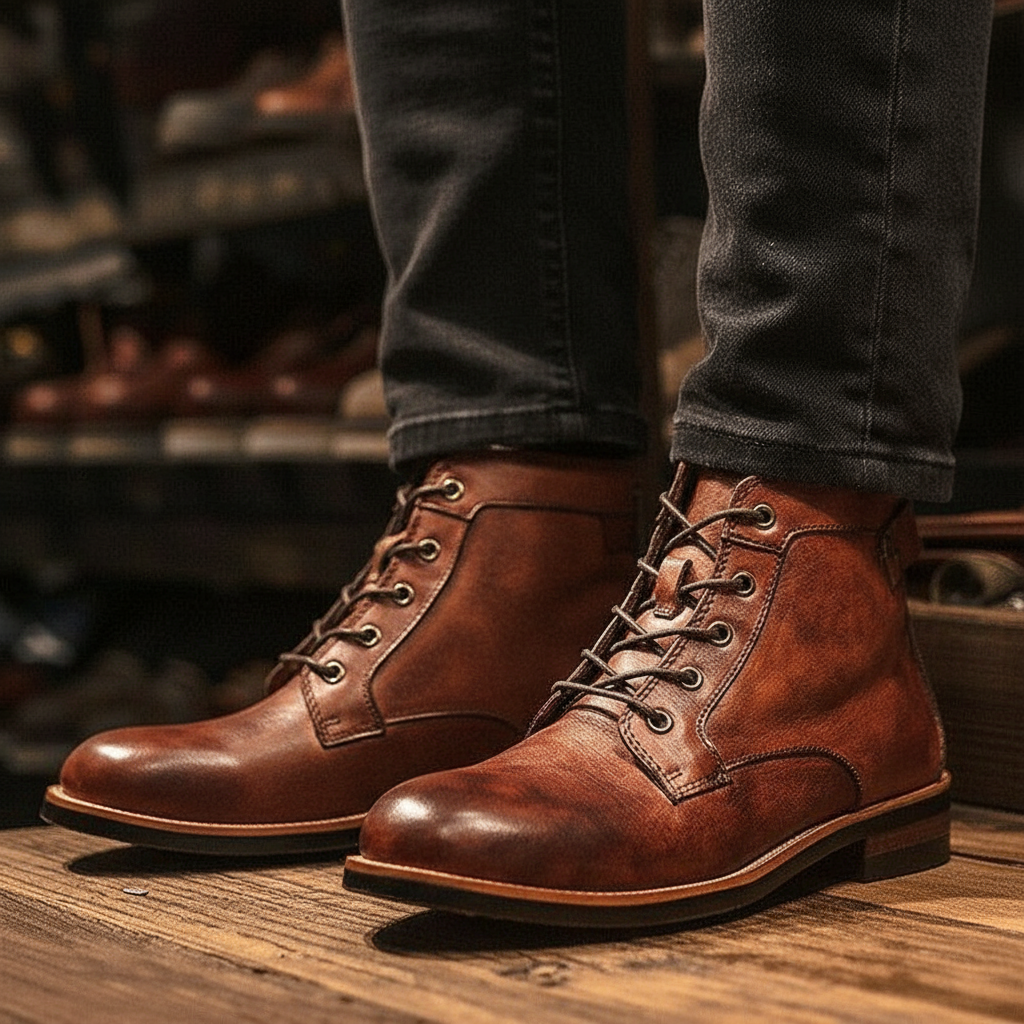 Herren Schwarze Leder Schnürboots – Langlebige und Stilvolle Schuhe